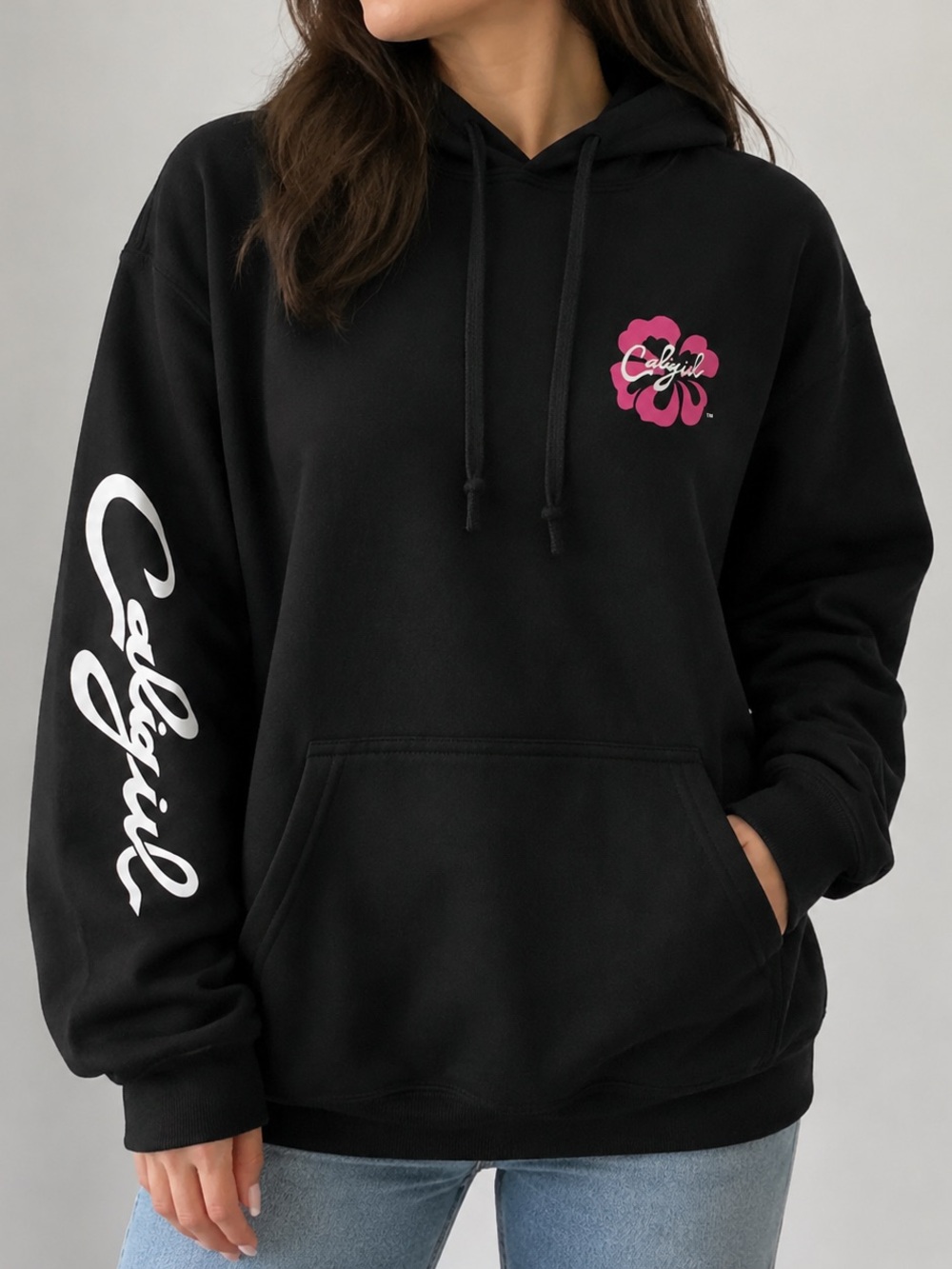 CaliGirl Black Unisex Pullover Hoodie Pink Hibiscus Logo Sleeve Graphic, Size L